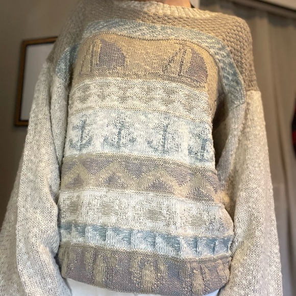 Y2K Cozy Beige and Blue Patterned Sweater - Picture 1 of 8